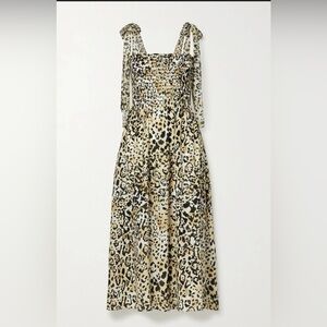 La Ligne 100% Silk Tie Strap Leopard Animal Print Smocked Midi Dress Size M